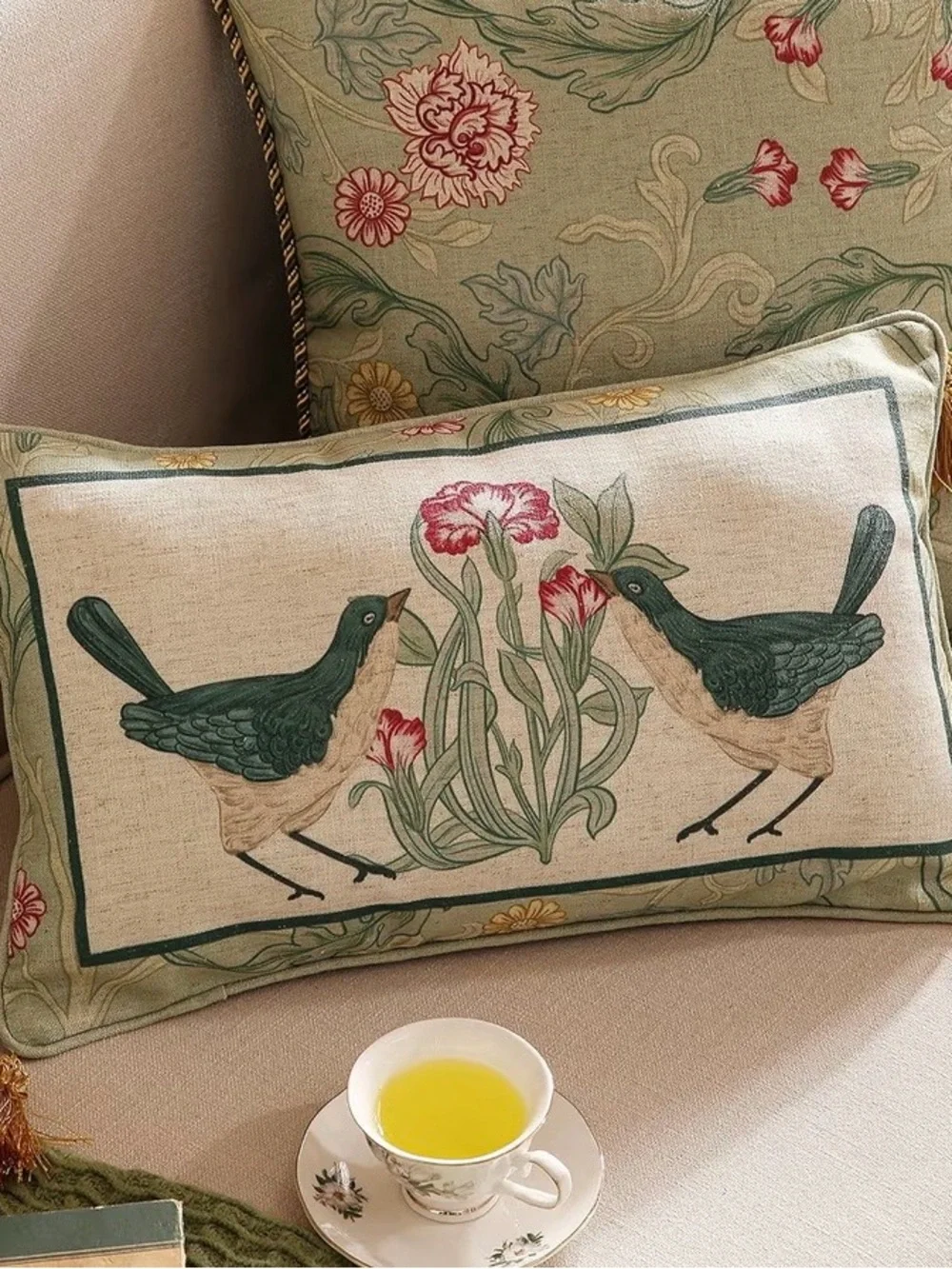 Patdrea “Birds” Lumbar Pillow Cover with Tassels 12x20” (1-count) BLUE GREEN